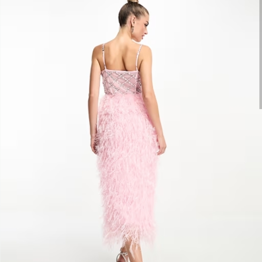 Starlet exclusive embellished faux feather midi dress in pink - Picture 3 of 4